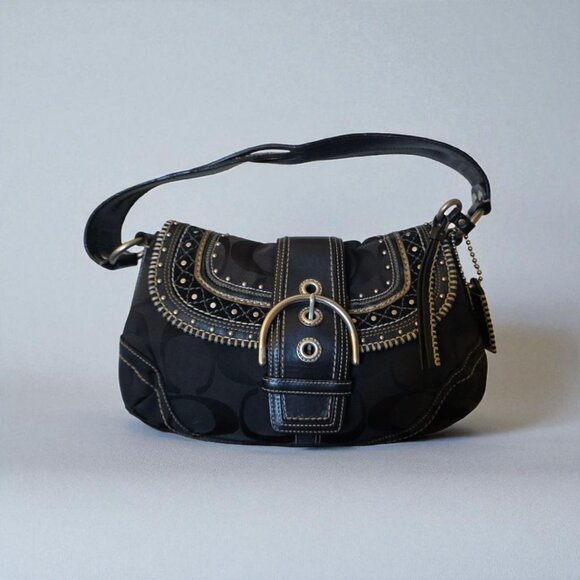 Coach 10484 Y2K Soho Black Signature Jacquard & Leather Studded Buckle Shoulder - Picture 1 of 16